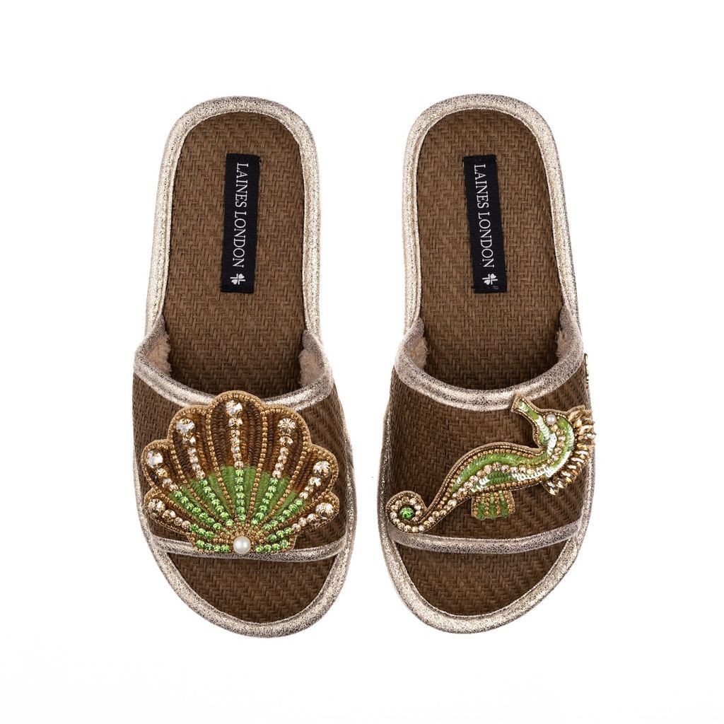 Women's Brown Straw Braided Sandals With Handmade Green Seahorse & Green & Gold Shell Brooches - Caramel Small LAINES LONDON