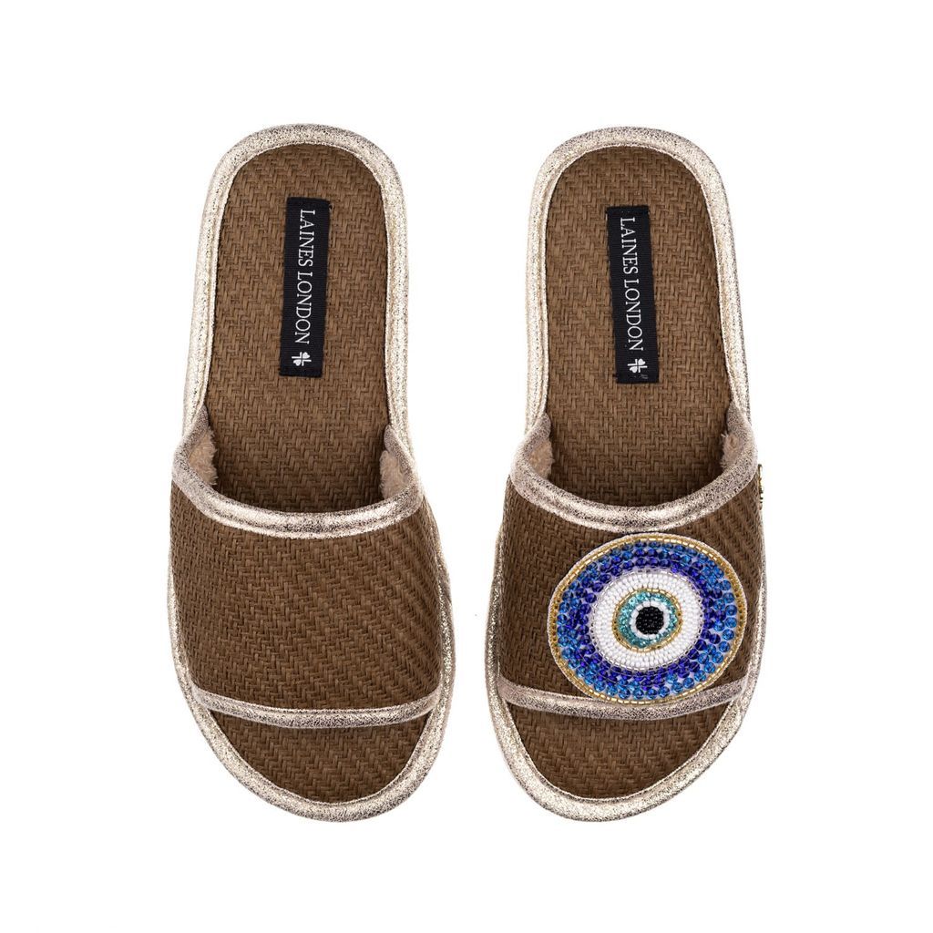 Women's Brown Straw Braided Sandals With Handmade Couture Evil Eye Brooch - Caramel Small LAINES LONDON