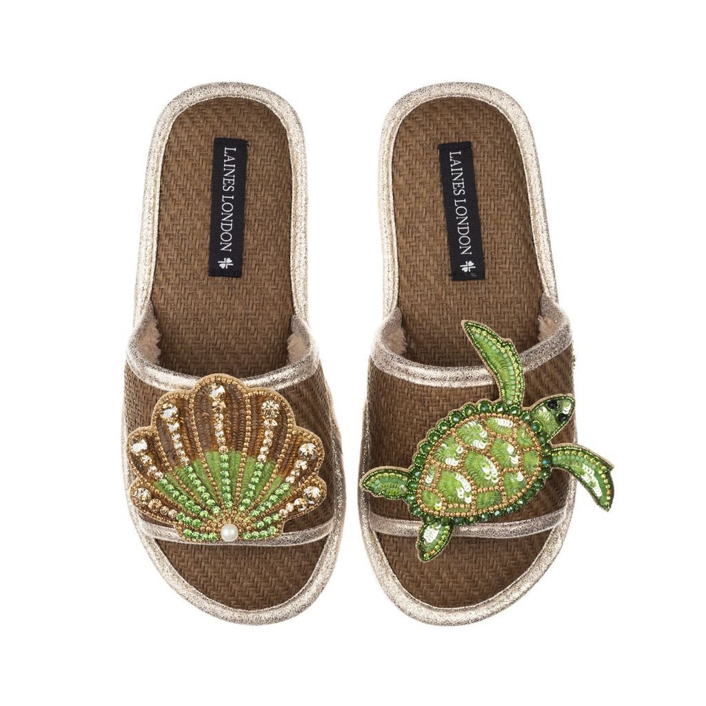 Women's Brown Straw Braided Sandals With Handmade Green Turtle & Green & Gold Shell Brooches - Caramel Small LAINES LONDON