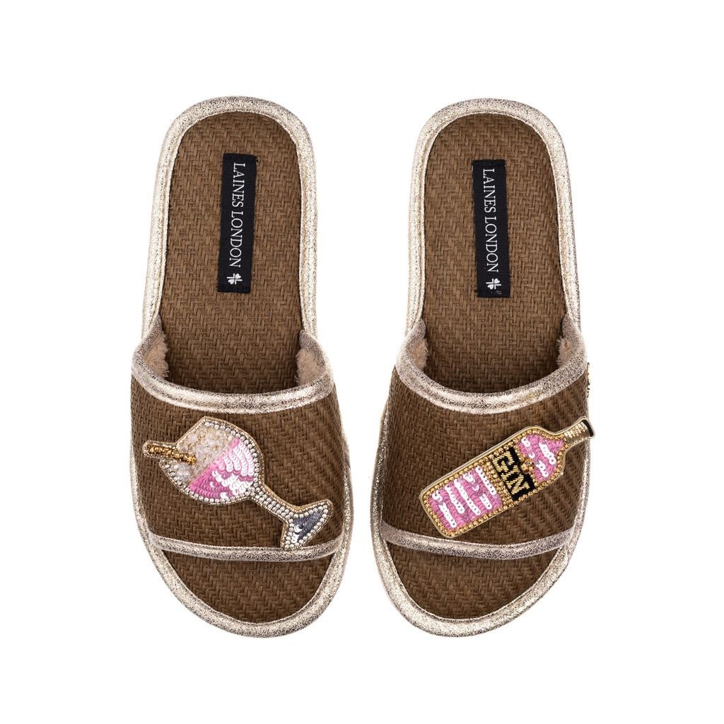 Women's Brown Straw Braided Sandals With Handmade Pink Gin Brooches - Caramel Small LAINES LONDON