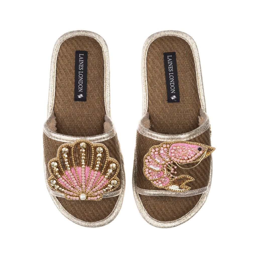 Women's Brown Straw Braided Sandals With Handmade Pink & Gold Shell & Prawn Brooches - Caramel Small LAINES LONDON
