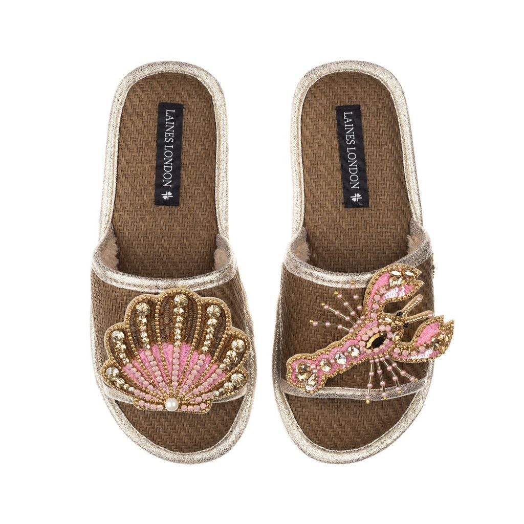 Women's Brown Straw Braided Sandals With Handmade Pink & Gold Shell & Lobster Brooches - Caramel Small LAINES LONDON