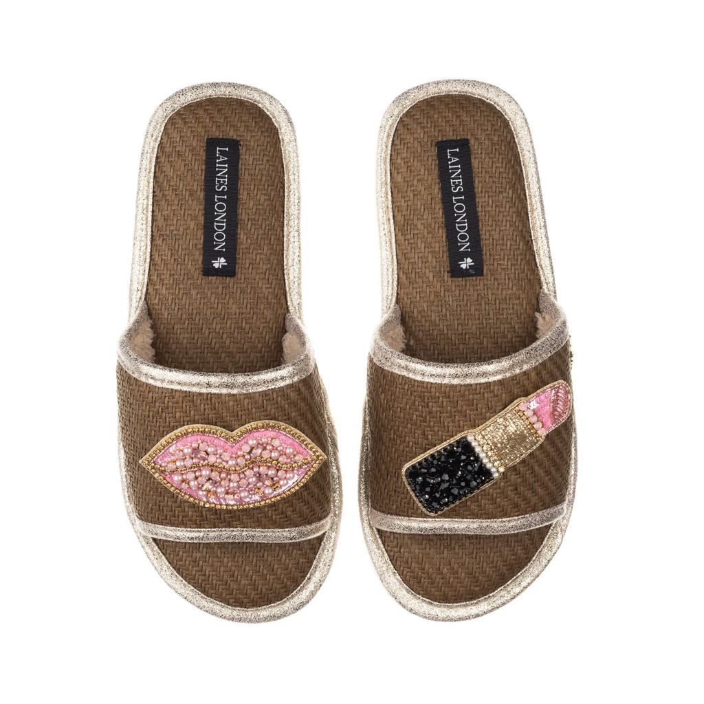 Women's Brown Straw Braided Sandals With Handmade Pink Pucker Up Brooches - Caramel Small LAINES LONDON