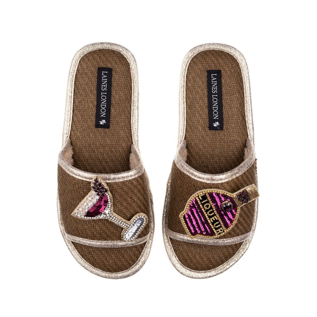 Women's Brown Straw Braided Sandals With Handmade Raspberry Liqueur Brooches - Caramel Small LAINES LONDON