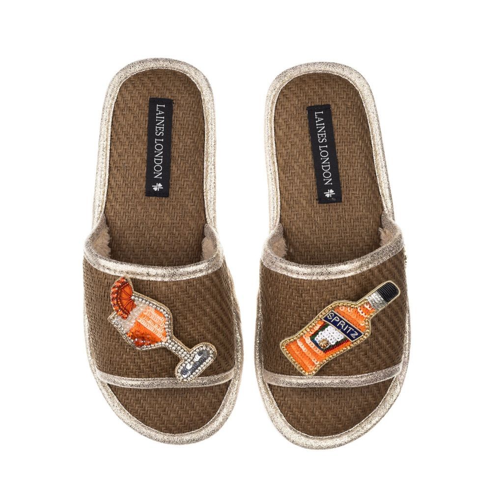 Women's Brown Straw Braided Sandals With Handmade Summer Spritz Brooches - Caramel Small LAINES LONDON
