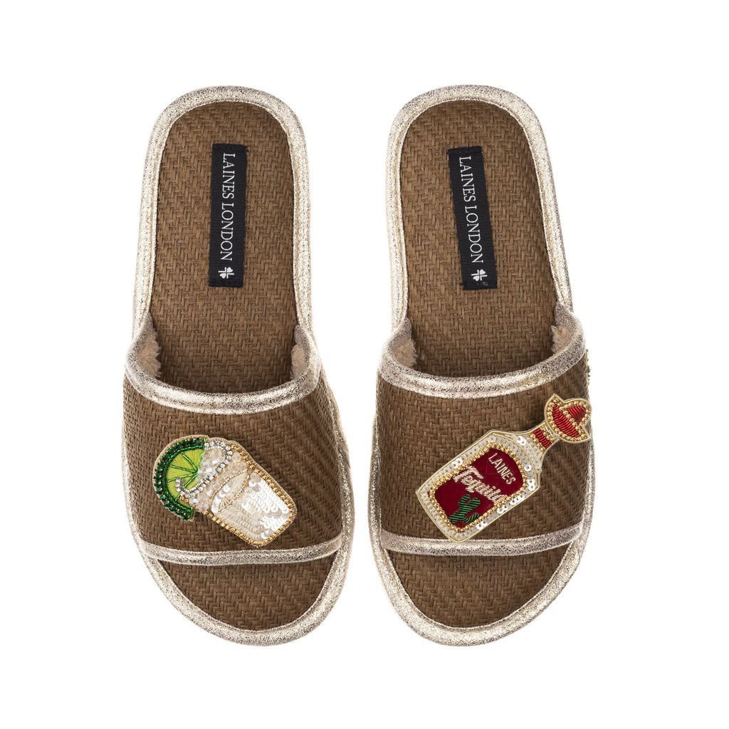 Women's Brown Straw Braided Sandals With Handmade Tequila Slammer Brooches - Caramel Small LAINES LONDON