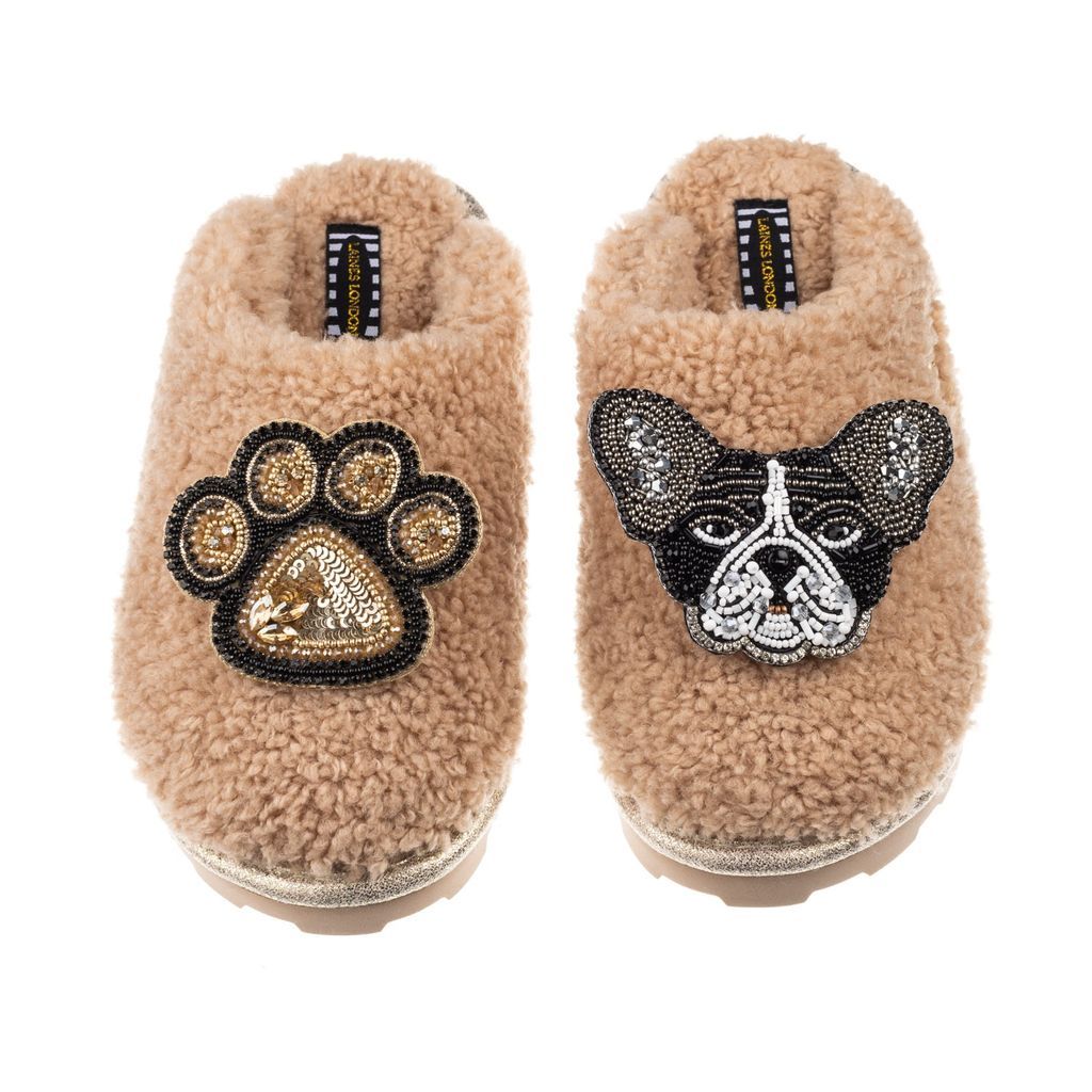 Women's Brown Teddy Towelling Closed Toe Slippers With Coco & Paw Brooches - Toffee Small LAINES LONDON