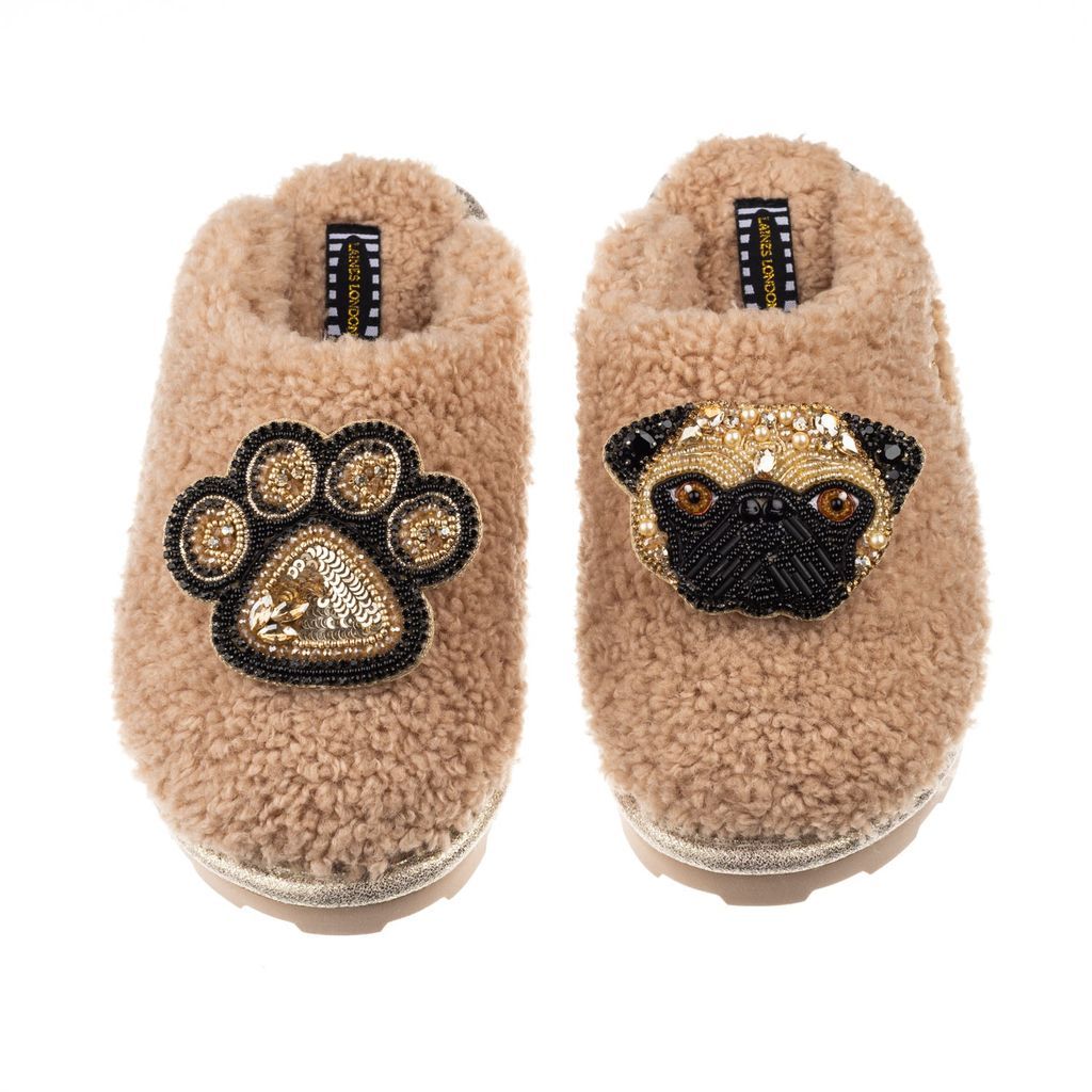 Women's Brown Teddy Towelling Closed Toe Slippers With Franki & Paw Brooch - Toffee Small LAINES LONDON