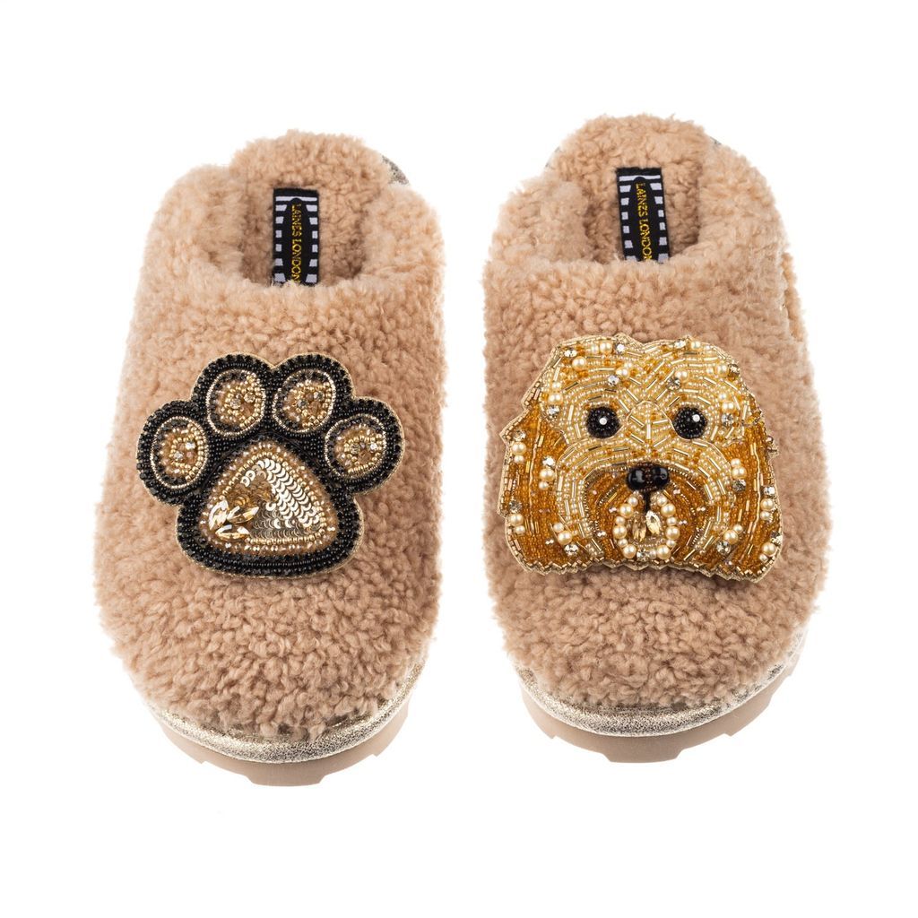 Women's Brown Teddy Towelling Closed Toe Slippers With Enki Doo & Paw Brooch - Toffee Small LAINES LONDON