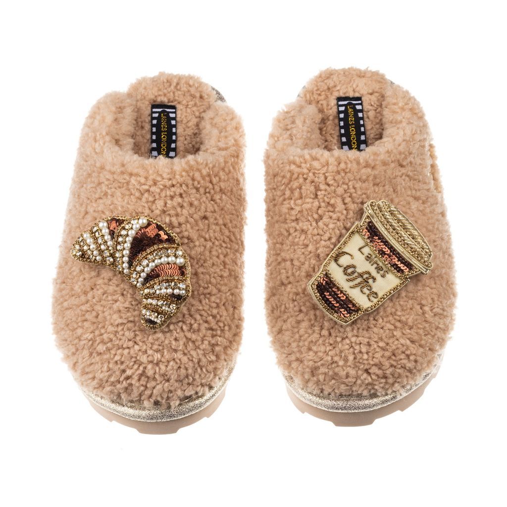 Women's Brown Teddy Towelling Closed Toe Slippers With Coffee & Croissant Brooches - Toffee Small LAINES LONDON