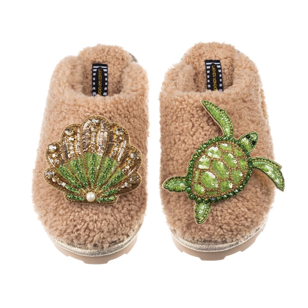 Women's Brown Teddy Towelling Closed Toe Slippers With Green Turtle & Green & Gold Shell - Toffee Small LAINES LONDON