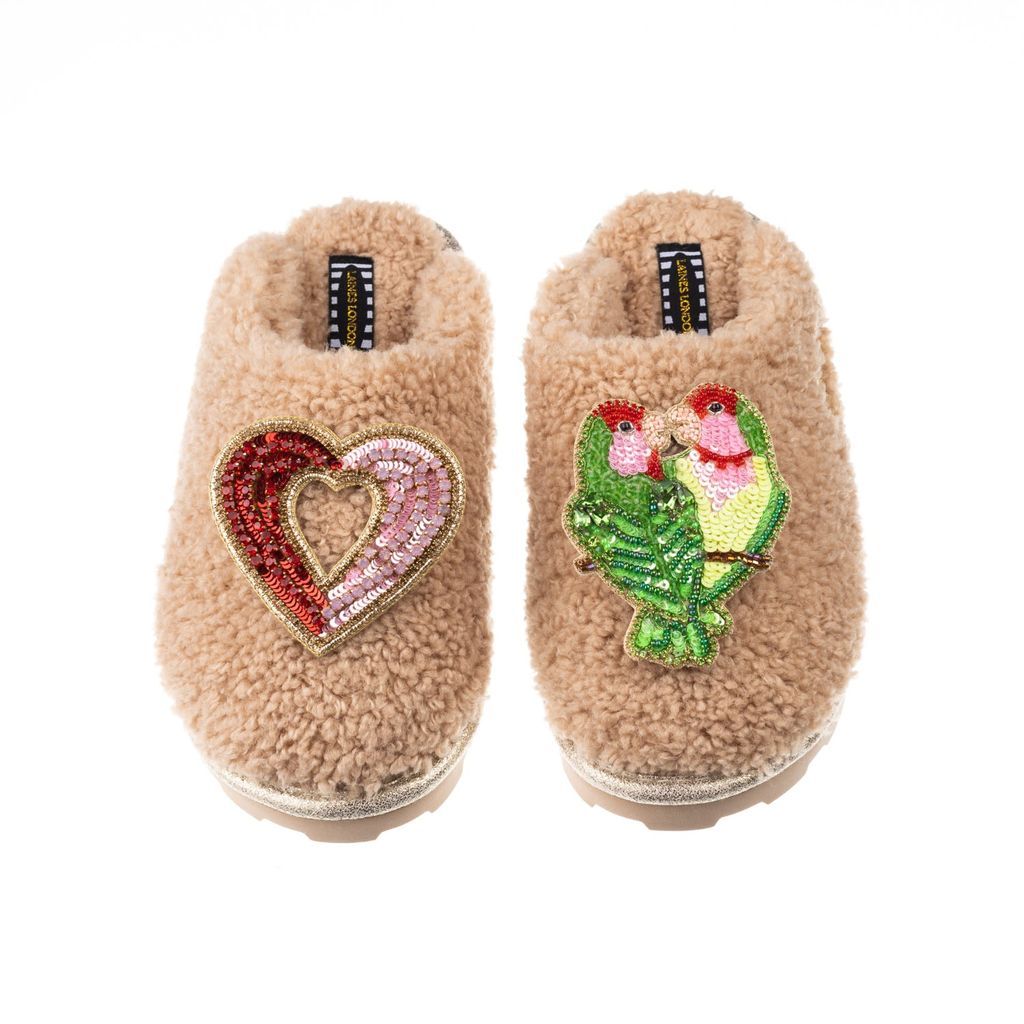 Women's Brown Teddy Towelling Closed Toe Slippers With Heart & Love Birds Brooches - Toffee Small LAINES LONDON