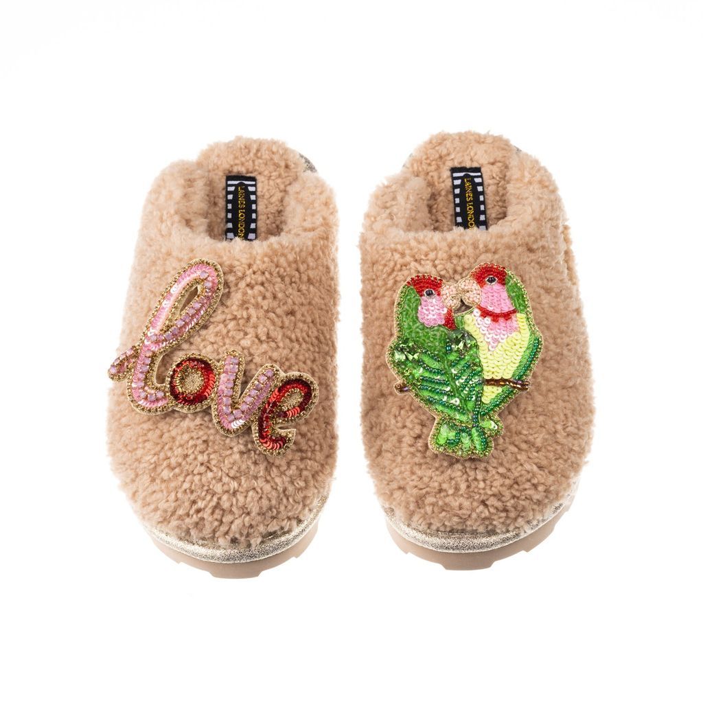 Women's Brown Teddy Towelling Closed Toe Slippers With Love & Love Birds Brooches - Toffee Small LAINES LONDON