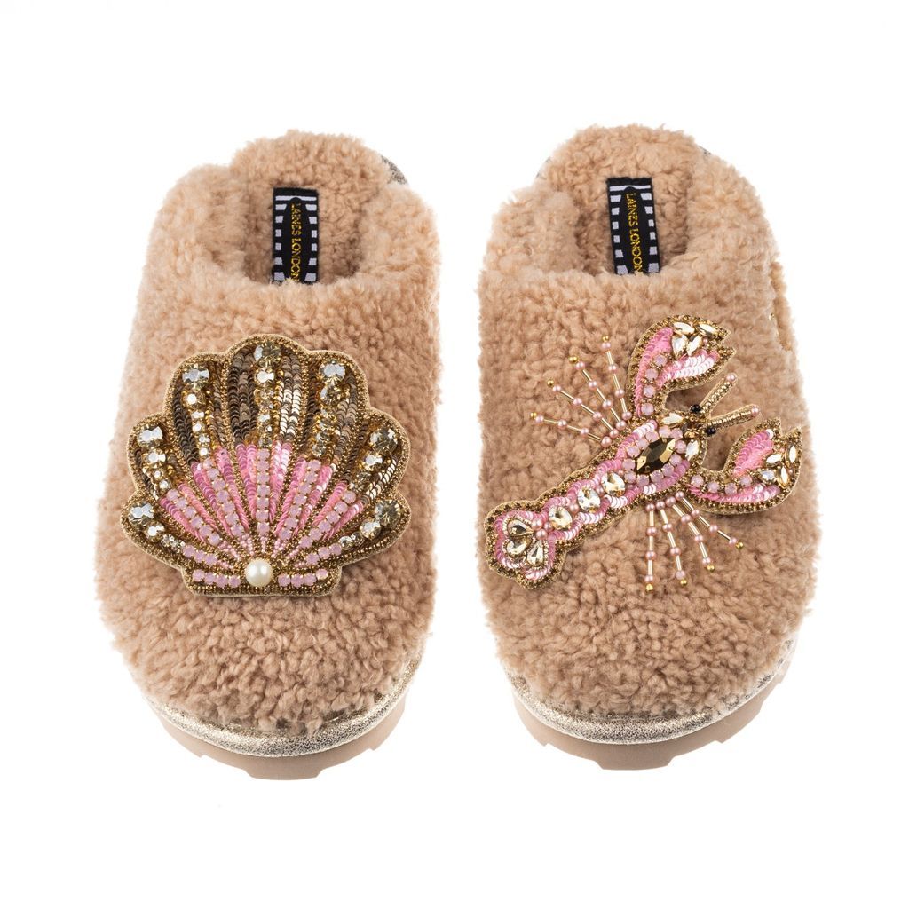 Women's Brown Teddy Towelling Closed Toe Slippers With Pink Lobster & Pink & Gold Shell - Toffee Small LAINES LONDON