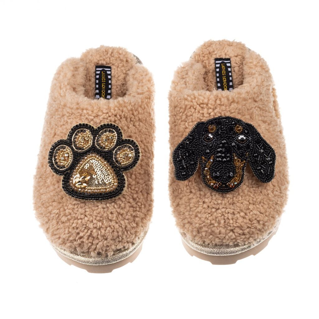 Women's Brown Teddy Towelling Closed Toe Slippers With Little Sausage & Paw Brooch - Toffee Small LAINES LONDON