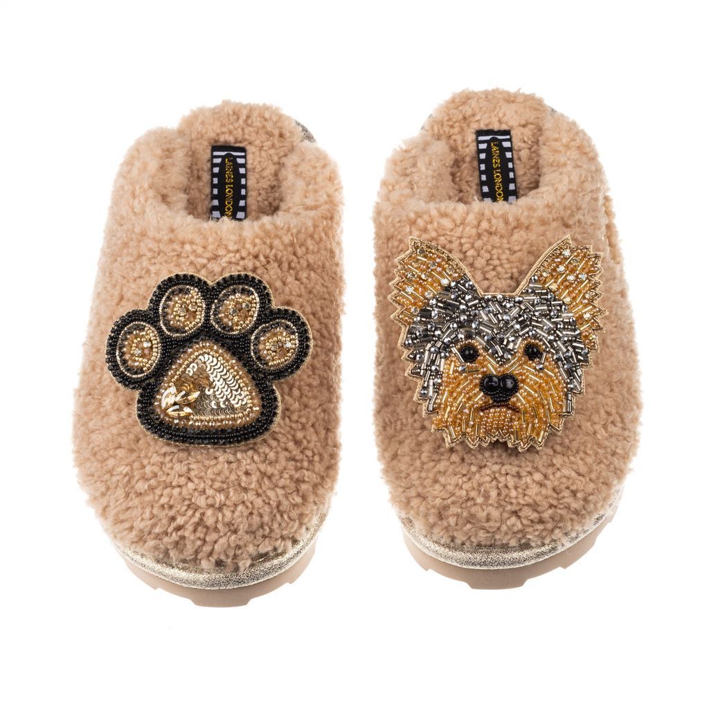 Women's Brown Teddy Towelling Closed Toe Slippers With Minnie Yorkie & Paw Brooches - Toffee Small LAINES LONDON