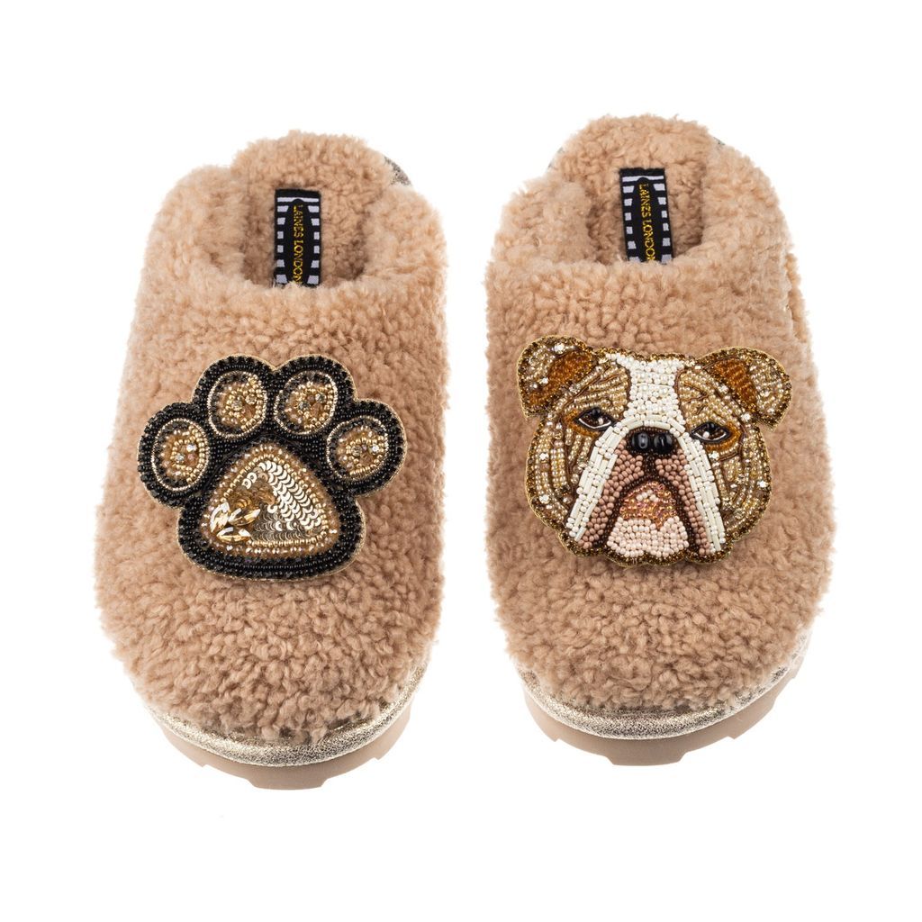 Women's Brown Teddy Towelling Closed Toe Slippers With Mr Beefy Bulldog & Paw Brooch - Toffee Small LAINES LONDON