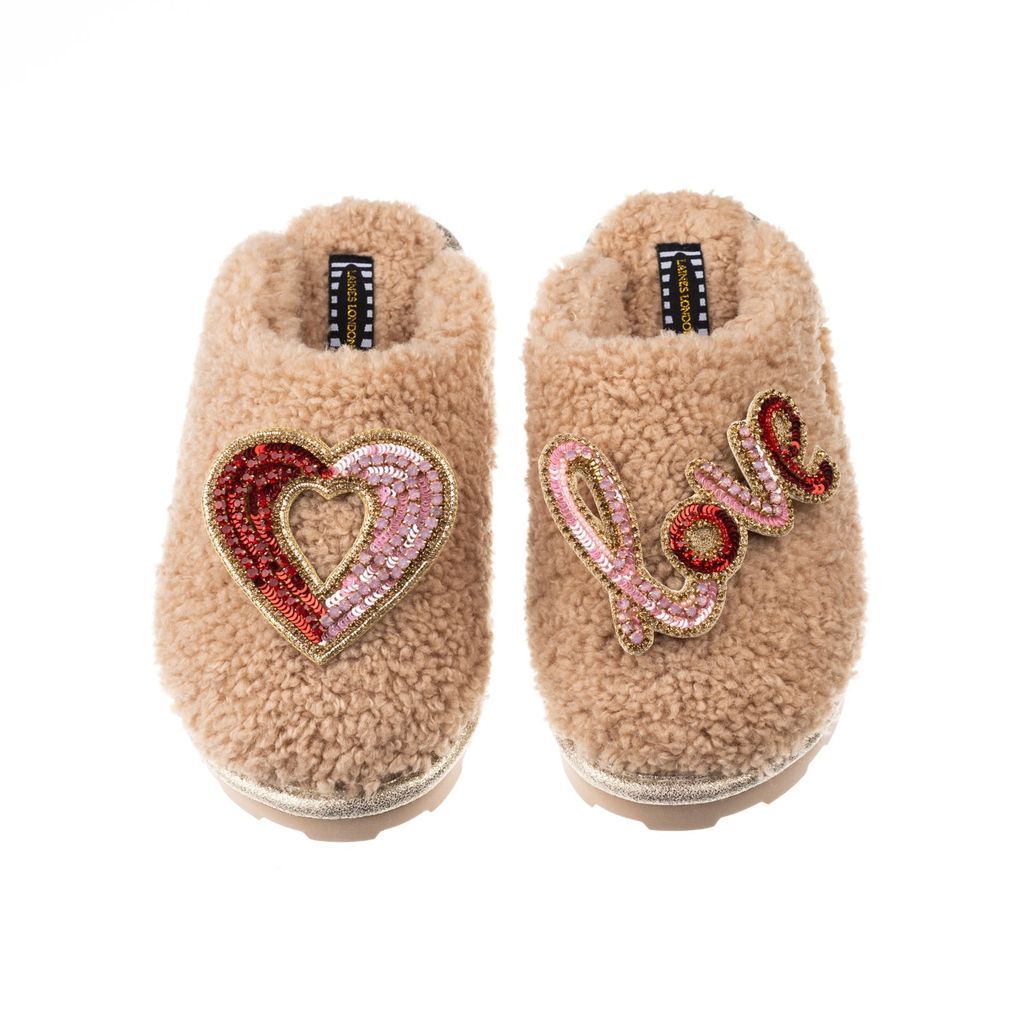 Women's Brown Teddy Towelling Closed Toe Slippers With Heart & Love Brooches - Toffee Small LAINES LONDON