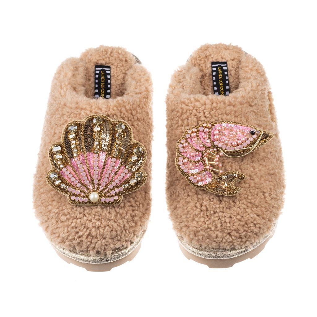 Women's Brown Teddy Towelling Closed Toe Slippers With Pink Prawn & Pink & Gold Shell Brooches - Toffee Small LAINES LONDON