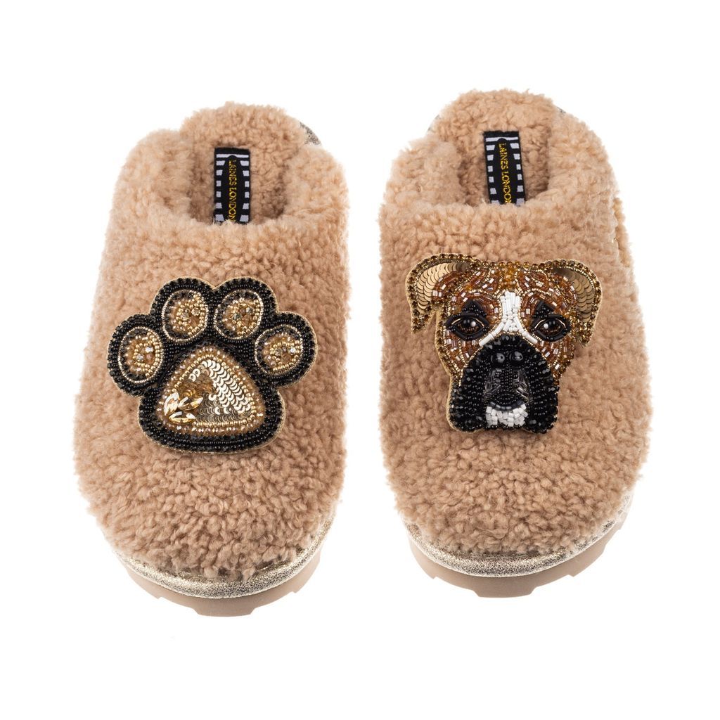Women's Brown Teddy Towelling Closed Toe Slippers With Pip The Box & Paw Print Brooches - Toffee Small LAINES LONDON