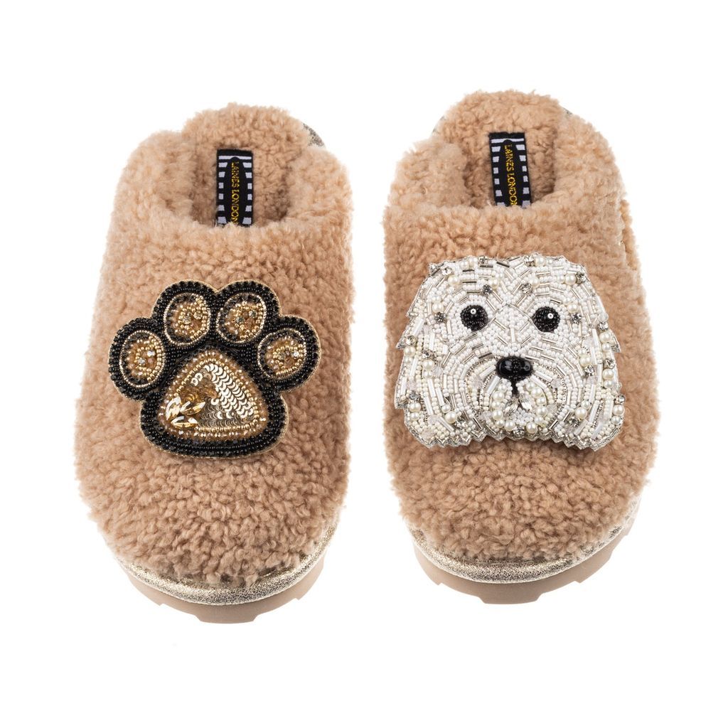 Women's Brown Teddy Towelling Closed Toe Slippers With Queenie & Paw Brooch - Toffee Small LAINES LONDON