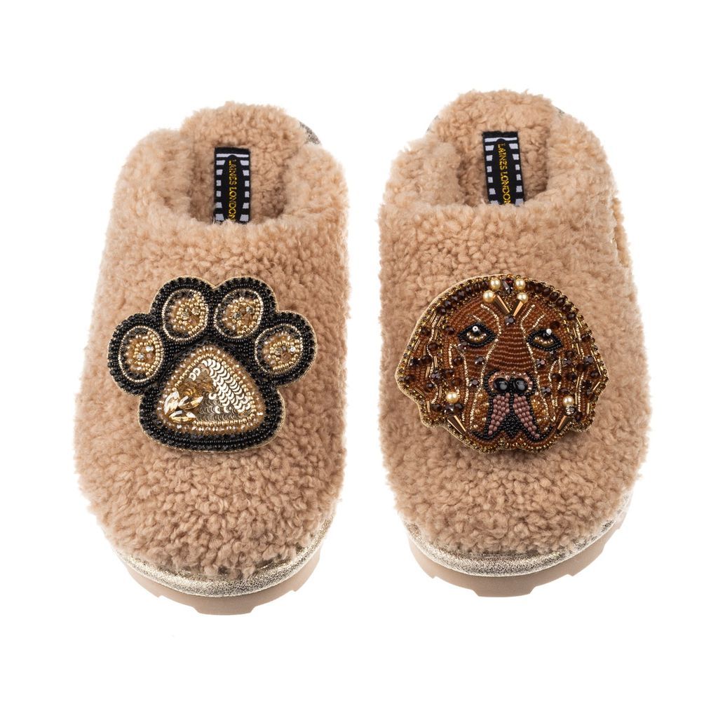 Women's Brown Teddy Towelling Closed Toe Slippers With Rocco & Paw Brooch - Toffee Small LAINES LONDON
