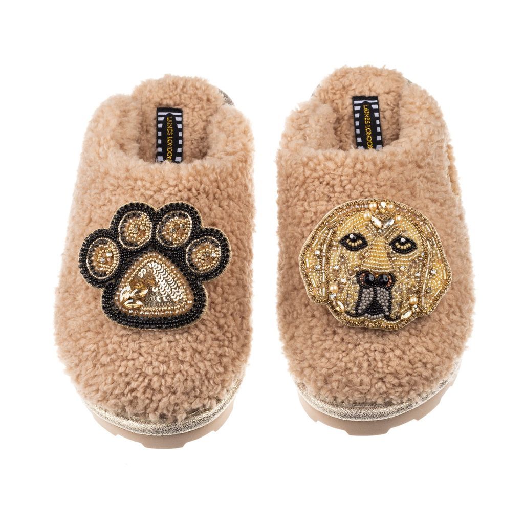 Women's Brown Teddy Towelling Closed Toe Slippers With Skip & Paw Brooch - Toffee Small LAINES LONDON