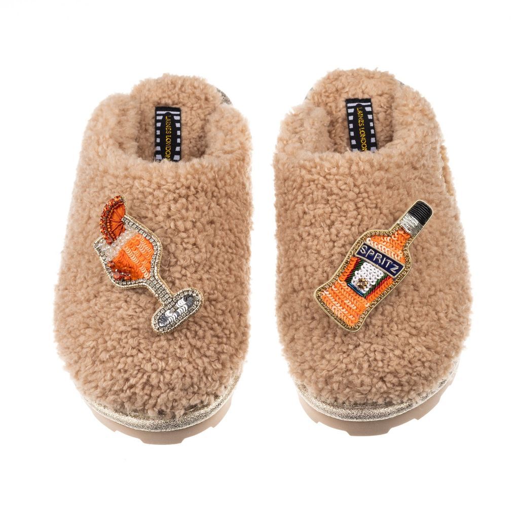 Women's Brown Teddy Towelling Closed Toe Slippers With Summer Spritz Brooches - Toffee Small LAINES LONDON