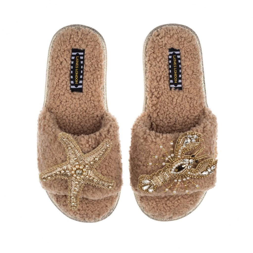 Women's Brown Teddy Towelling Sliders With Gold Pearl Lobster & Starfish Brooches - Toffee Small LAINES LONDON
