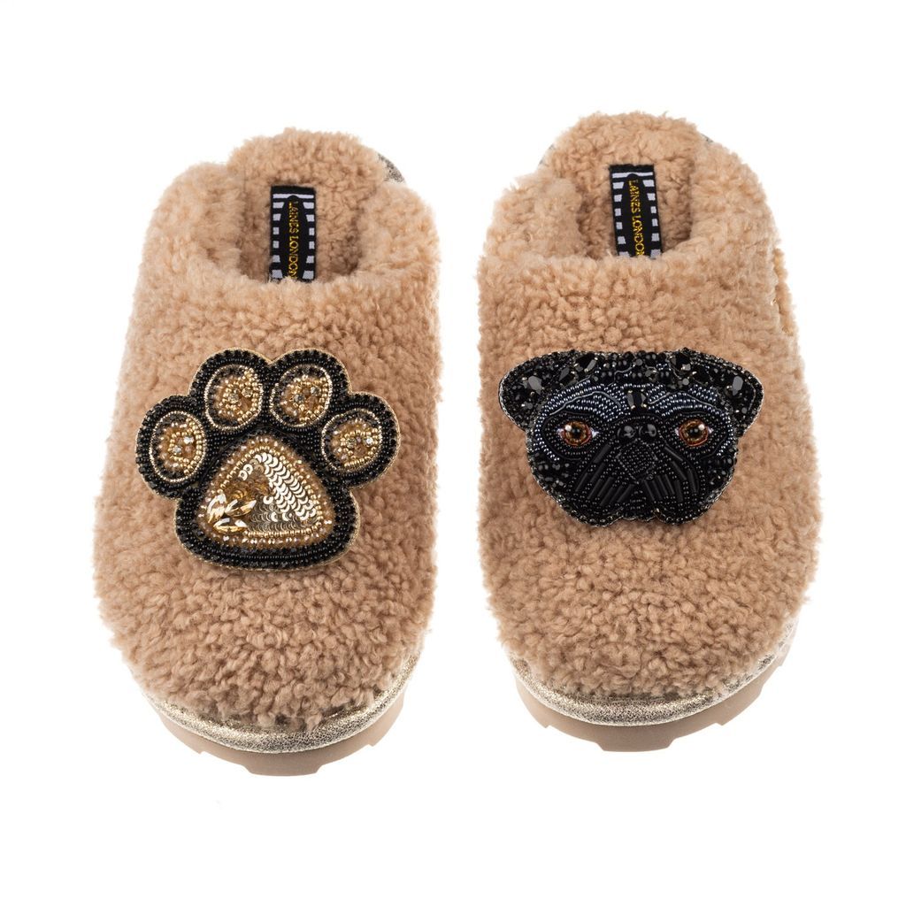Women's Brown Teddy Towelling Closed Toe Slippers With Snoopy & Paw Brooch - Toffee Small LAINES LONDON