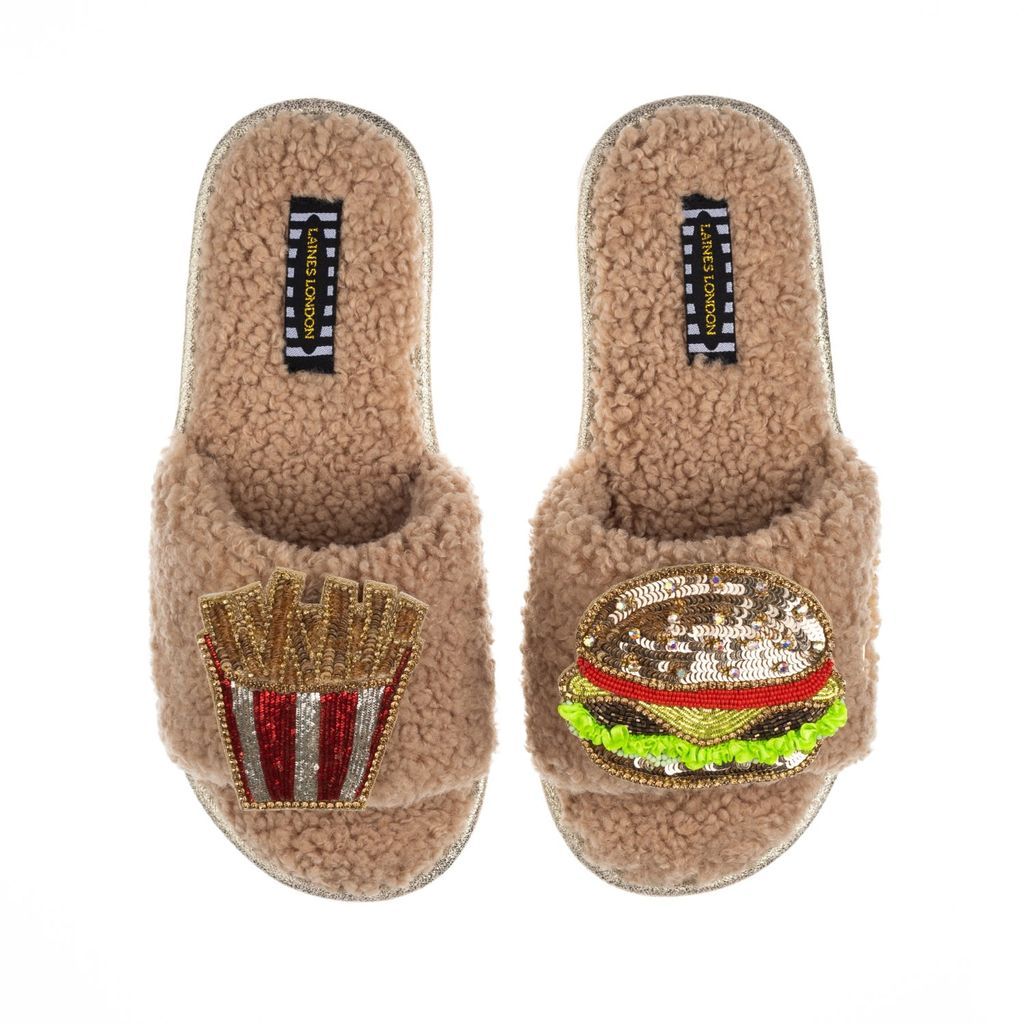 Women's Brown Teddy Towelling Slipper Sliders With Artisan Burger & Fries Brooches - Toffee Small LAINES LONDON
