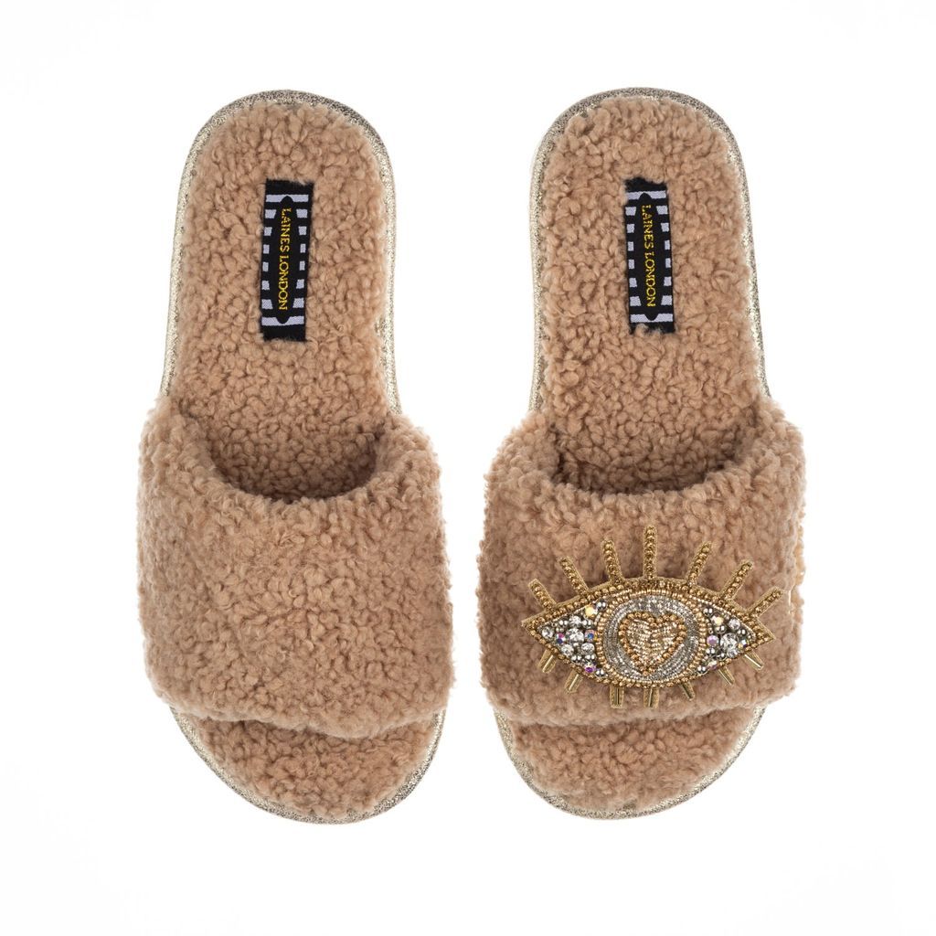 Women's Brown Teddy Towelling Slipper Sliders With Artisan Gold & Silver Eye - Toffee Small LAINES LONDON