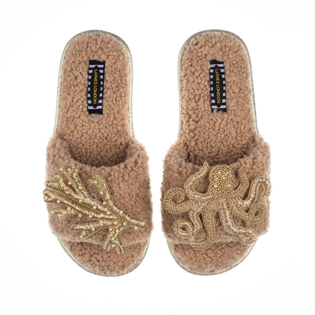 Women's Brown Teddy Towelling Slipper Sliders With Artisan Gold Octopus & Coral Brooches - Toffee Small LAINES LONDON