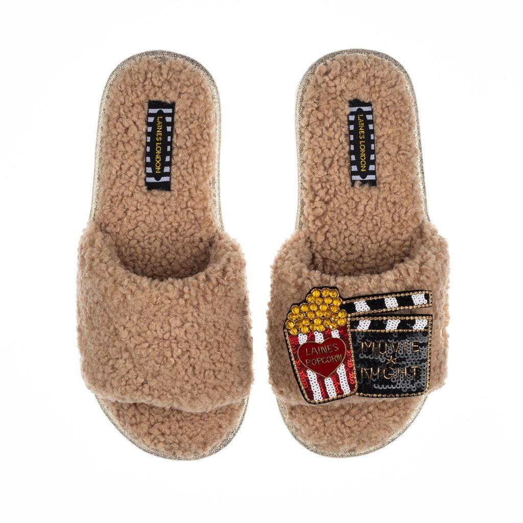 Women's Brown Teddy Towelling Slipper Sliders With Artisan Movie Night & Popcorn Brooch - Toffee Small LAINES LONDON