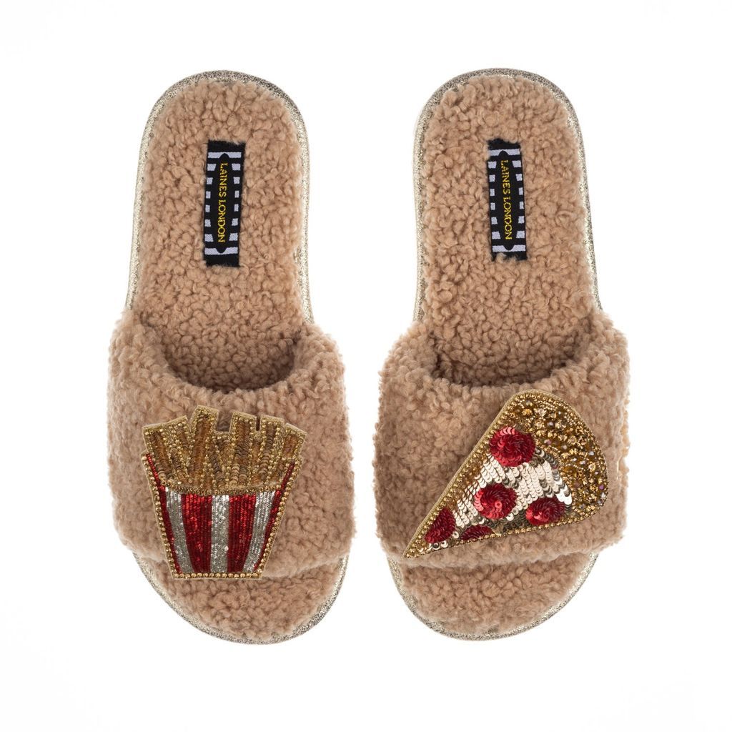 Women's Brown Teddy Towelling Slipper Sliders With Artisan Pizza & Fries Brooches - Toffee Small LAINES LONDON