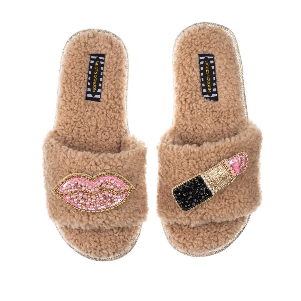 Women's Brown Teddy Towelling Slipper Sliders With Artisan Pink Pucker Up Brooches - Toffee Small LAINES LONDON