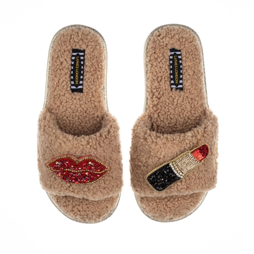 Women's Brown Teddy Towelling Slipper Sliders With Artisan Red Pucker Up Brooches - Toffee Small LAINES LONDON