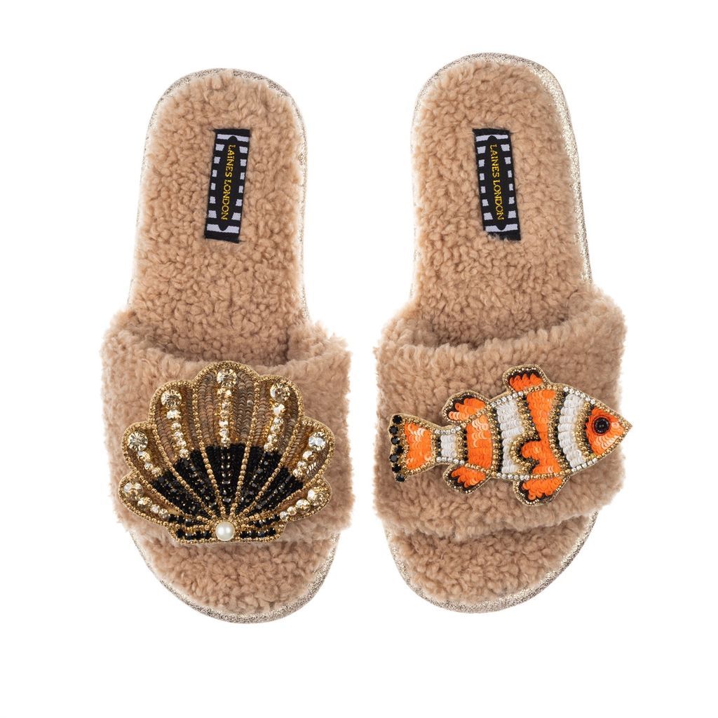 Women's Brown Teddy Towelling Slipper Sliders With Clown Fish & Black & Gold Shell Brooches - Toffee Small LAINES LONDON