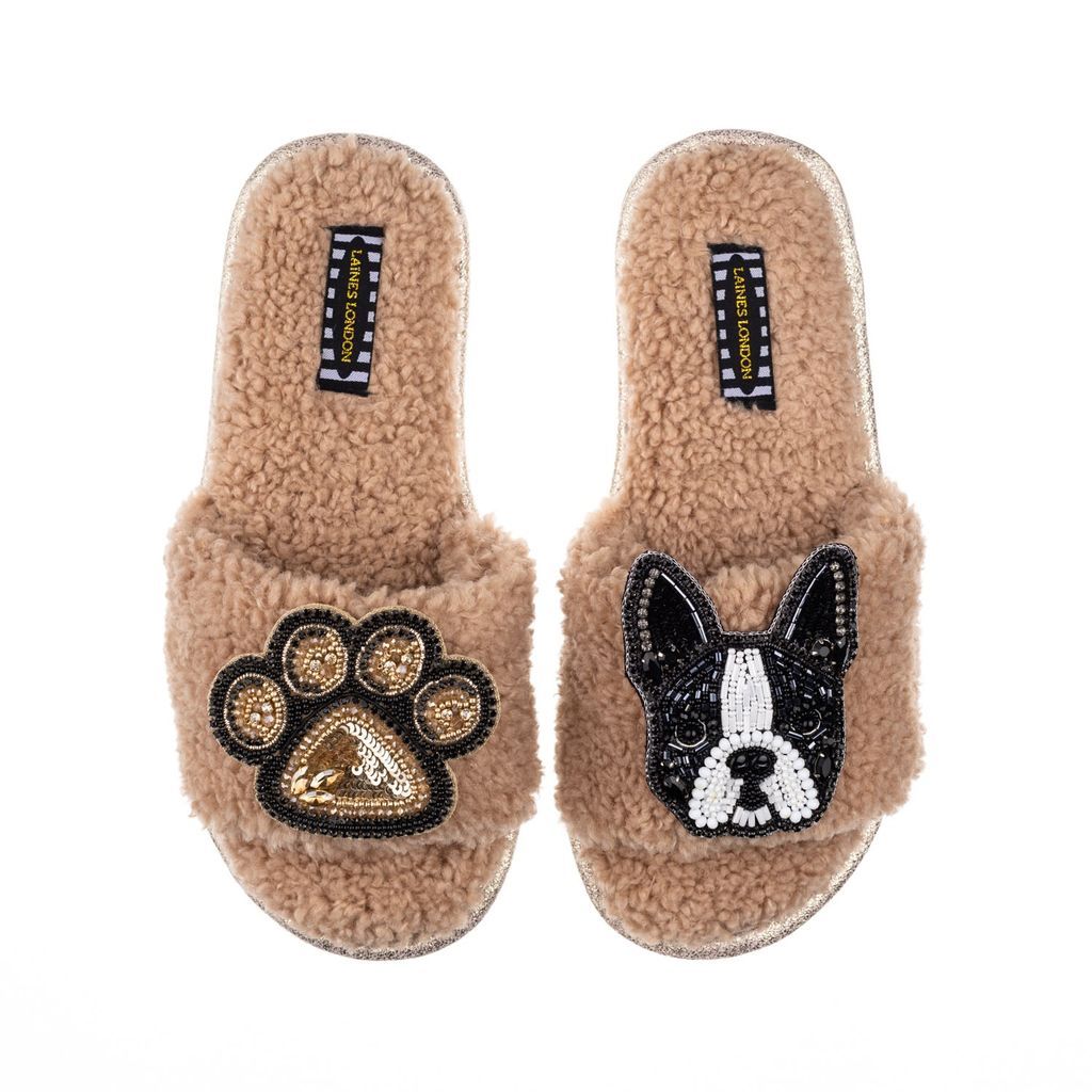 Women's Brown Teddy Towelling Slipper Sliders With Buddy Boston Terrier & Paw Brooches - Toffee Small LAINES LONDON