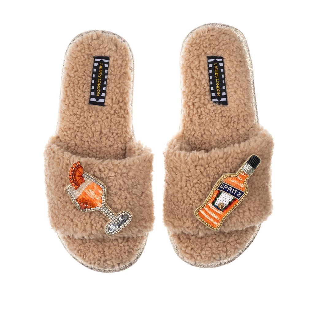Women's Brown Teddy Towelling Slipper Sliders With Artisan Summer Spritz Brooches - Toffee Small LAINES LONDON