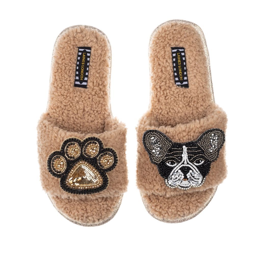 Women's Brown Teddy Towelling Slipper Sliders With Coco & Paw Brooch - Toffee Small LAINES LONDON