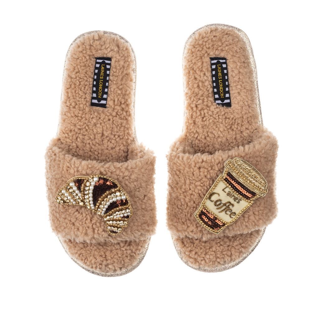 Women's Brown Teddy Towelling Slipper Sliders With Coffee & Croissant Brooches - Toffee Small LAINES LONDON
