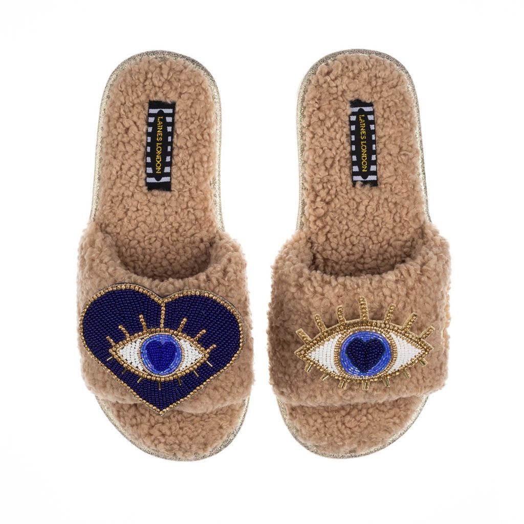 Women's Brown Teddy Towelling Slipper Sliders With Double Blue Eye Brooches - Toffee Small LAINES LONDON