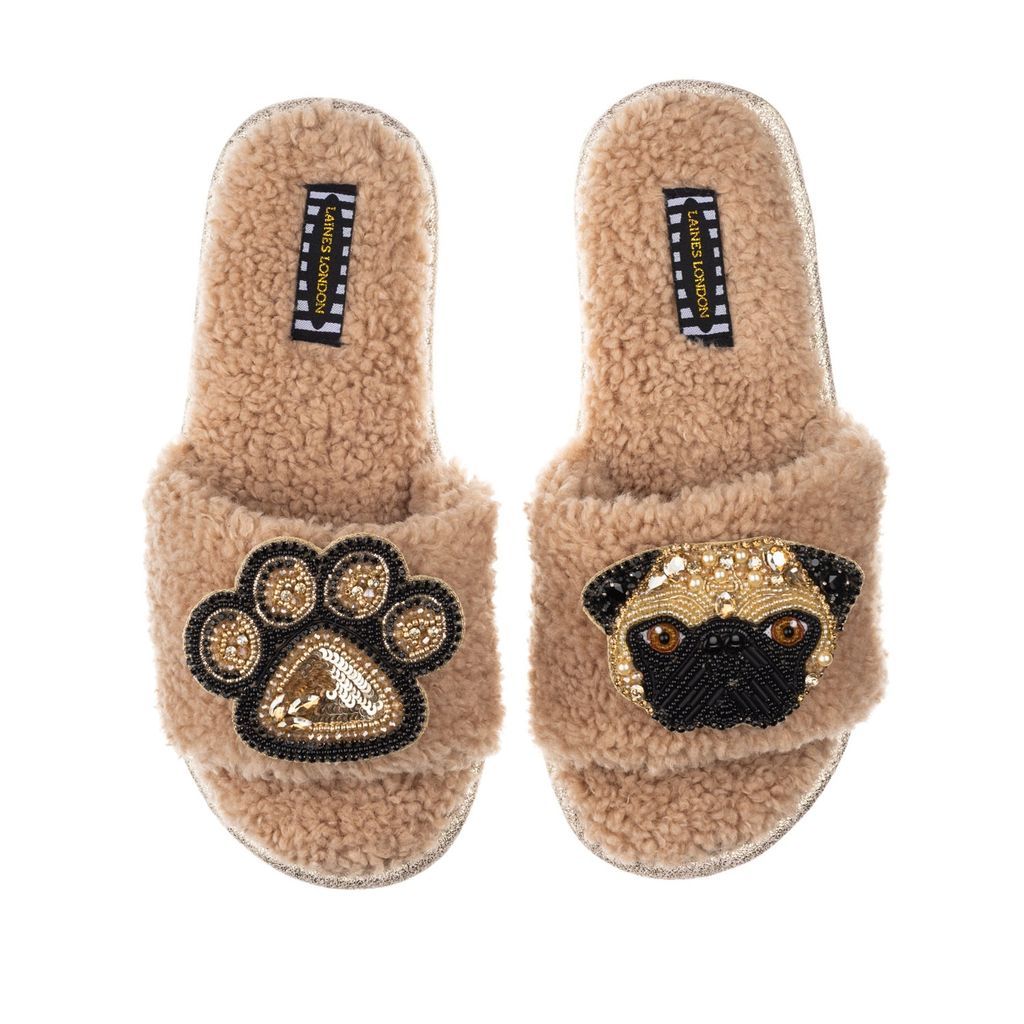 Women's Brown Teddy Towelling Slipper Sliders With Franki & Paw Brooch - Toffee Small LAINES LONDON