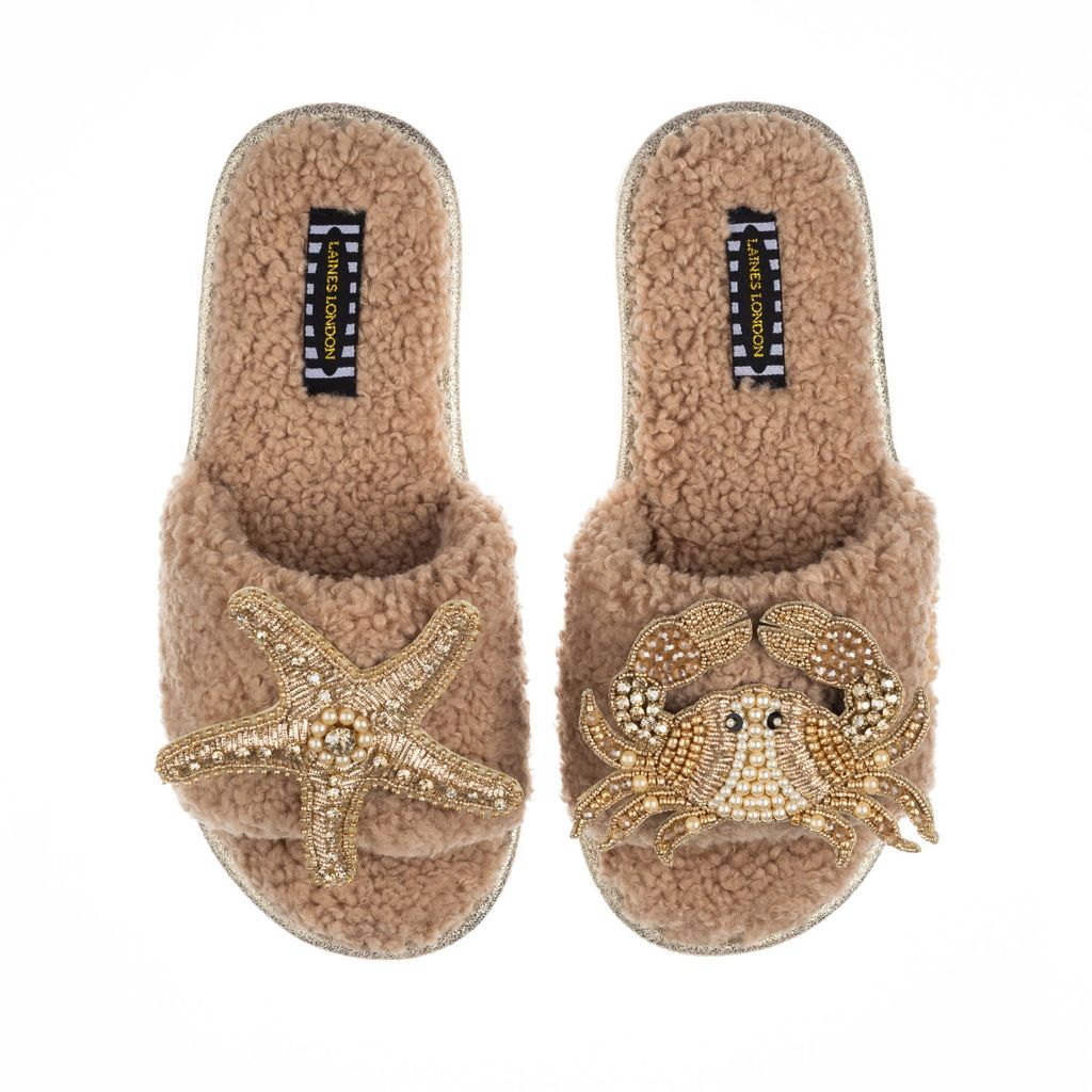 Women's Brown Teddy Towelling Slipper Sliders With Gold Crab & Starfish Brooches - Toffee Small LAINES LONDON