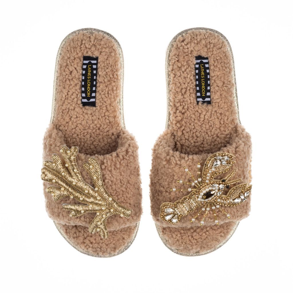 Women's Brown Teddy Towelling Slipper Sliders With Gold Pearl Lobster & Coral Brooches - Toffee Small LAINES LONDON