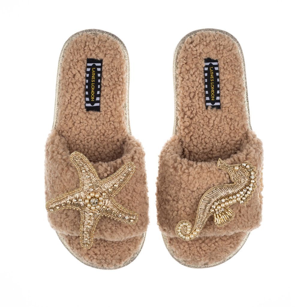 Women's Brown Teddy Towelling Slipper Sliders With Gold Seahorse & Starfish Brooches - Toffee Small LAINES LONDON