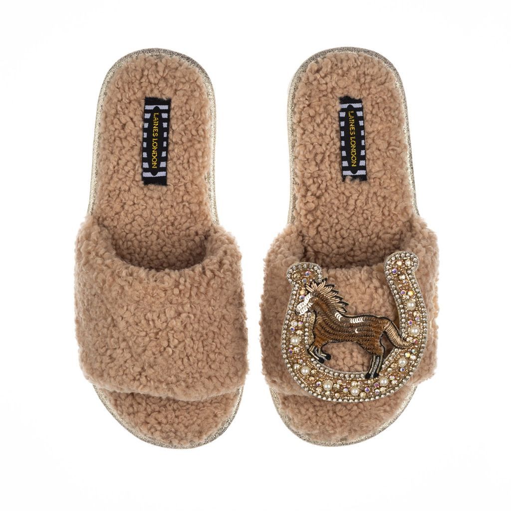 Women's Brown Teddy Towelling Slipper Sliders With Golden Horseshoe Brooch - Toffee Small LAINES LONDON