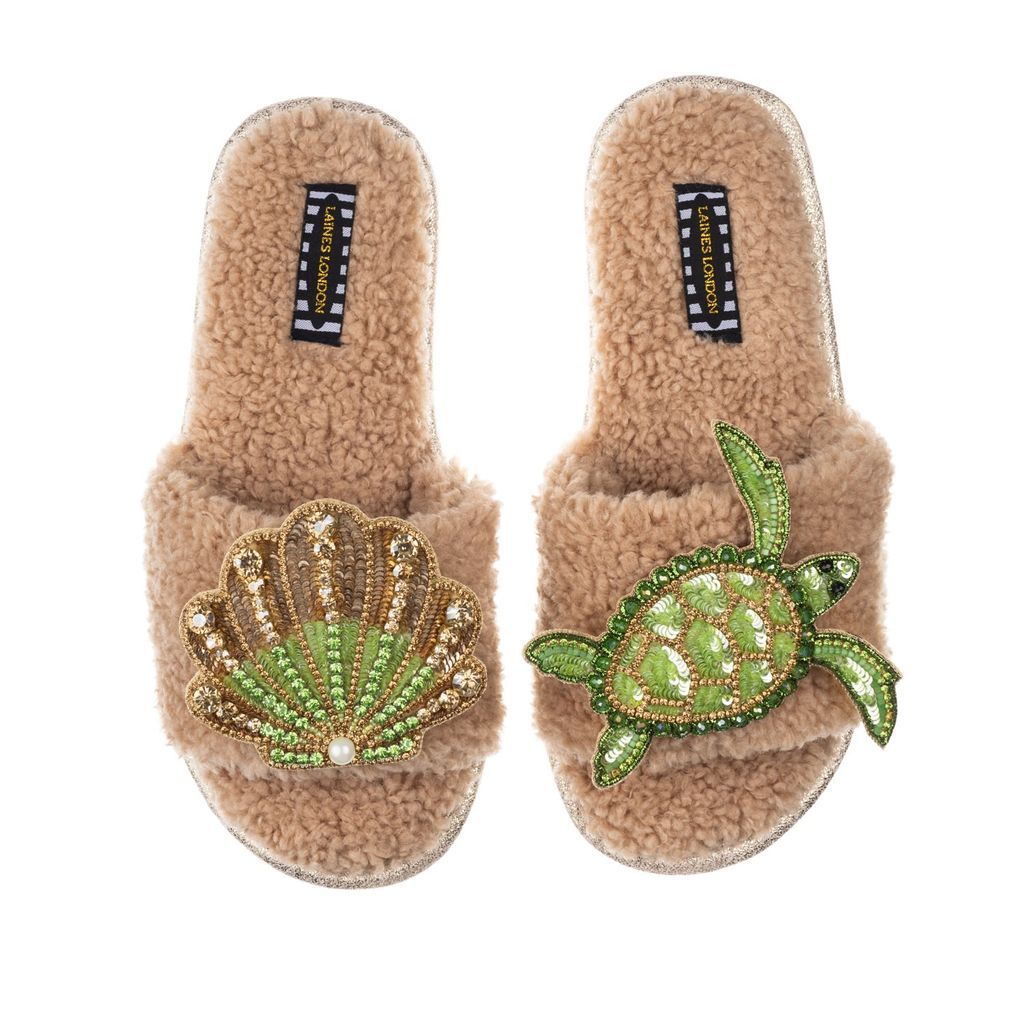 Women's Brown Teddy Towelling Slipper Sliders With Green Turtle & Green & Gold Shell - Toffee Small LAINES LONDON
