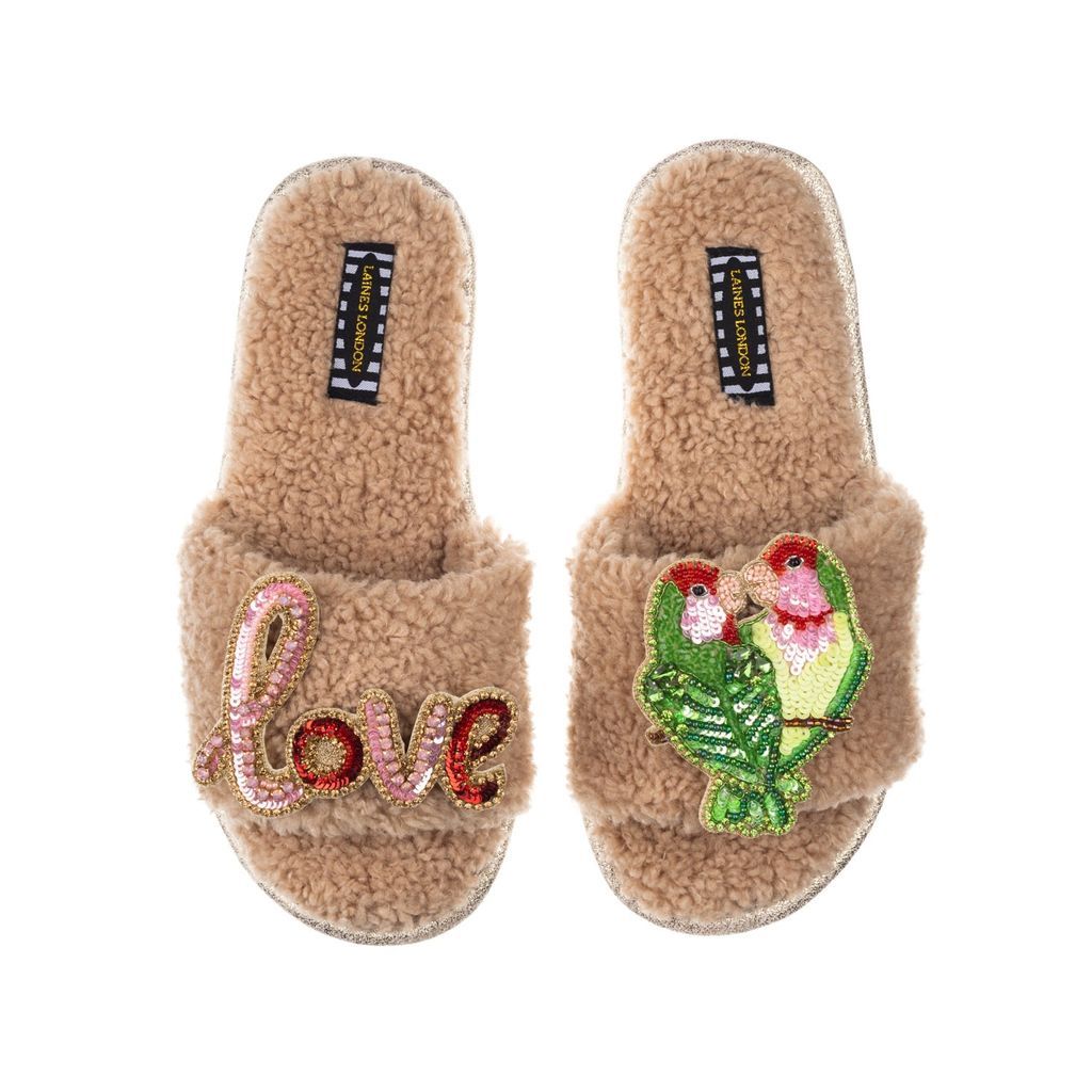 Women's Brown Teddy Towelling Slipper Sliders With Love Birds & Love Brooches - Toffee Small LAINES LONDON